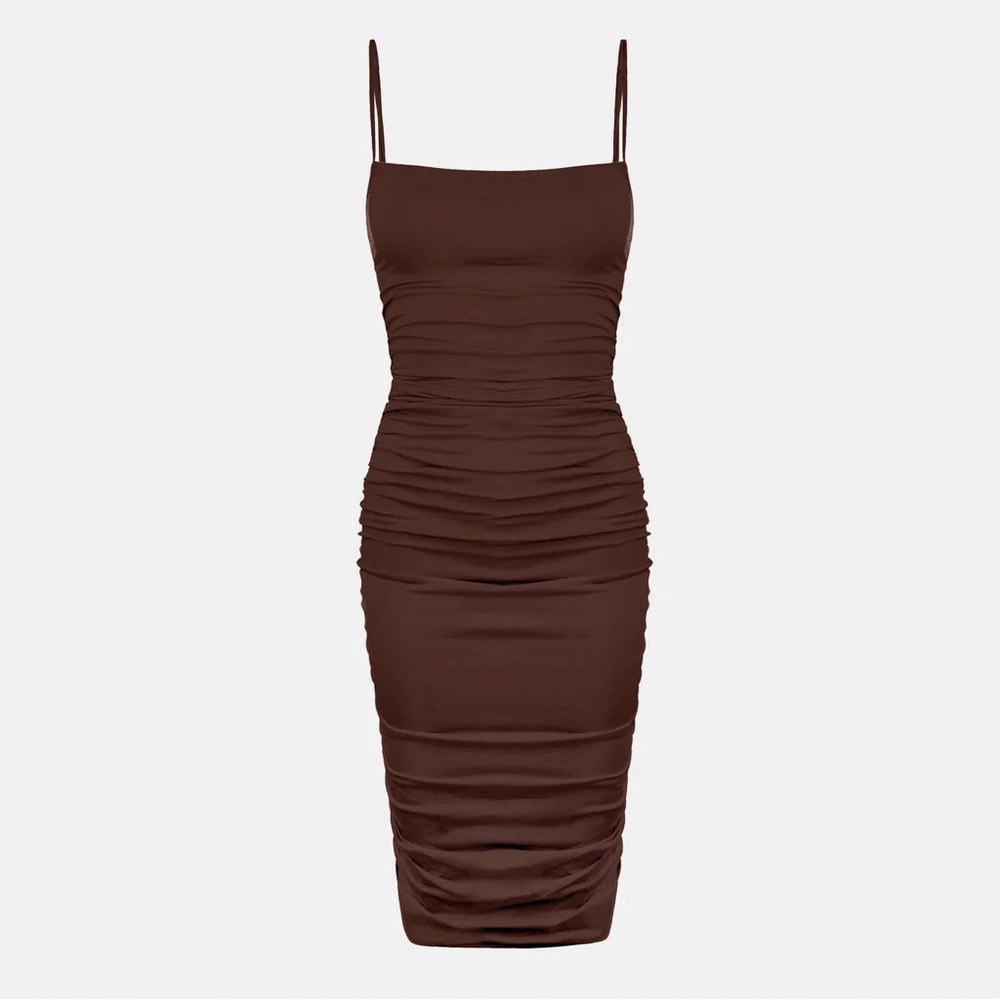 OW Collection Ezra Ruched Maxi Dress | Chocolate Brown | Size S - Picture 3 of 13